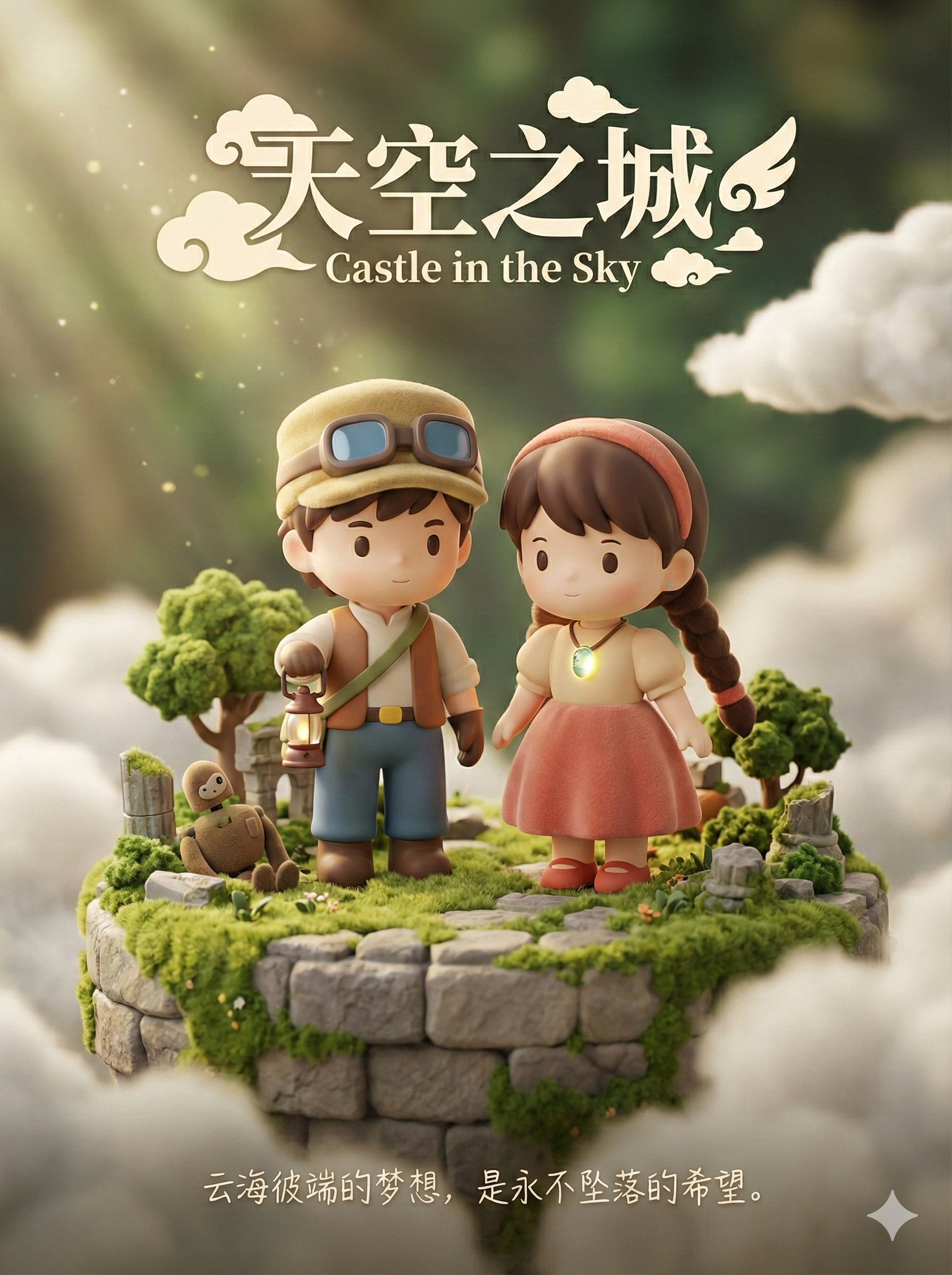 Design a minimalist movie poster in a tactile 3D Q-version designer-toy look, blending matte resin/vinyl with fuzzy felt-like flocked textures under warm, diffused light. Built for clean bilingual typography and a miniature diorama landscape with macro product-photography depth of field.