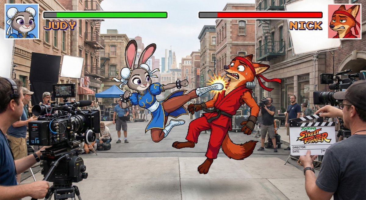 Judy Hopps and Nick Wilde face off on a movie shooting set in a Street Fighter-inspired duel, with Judy dressed as Chun-Li and Nick dressed as Little Red. Judy’s green health bar is larger than Nick’s red health bar.