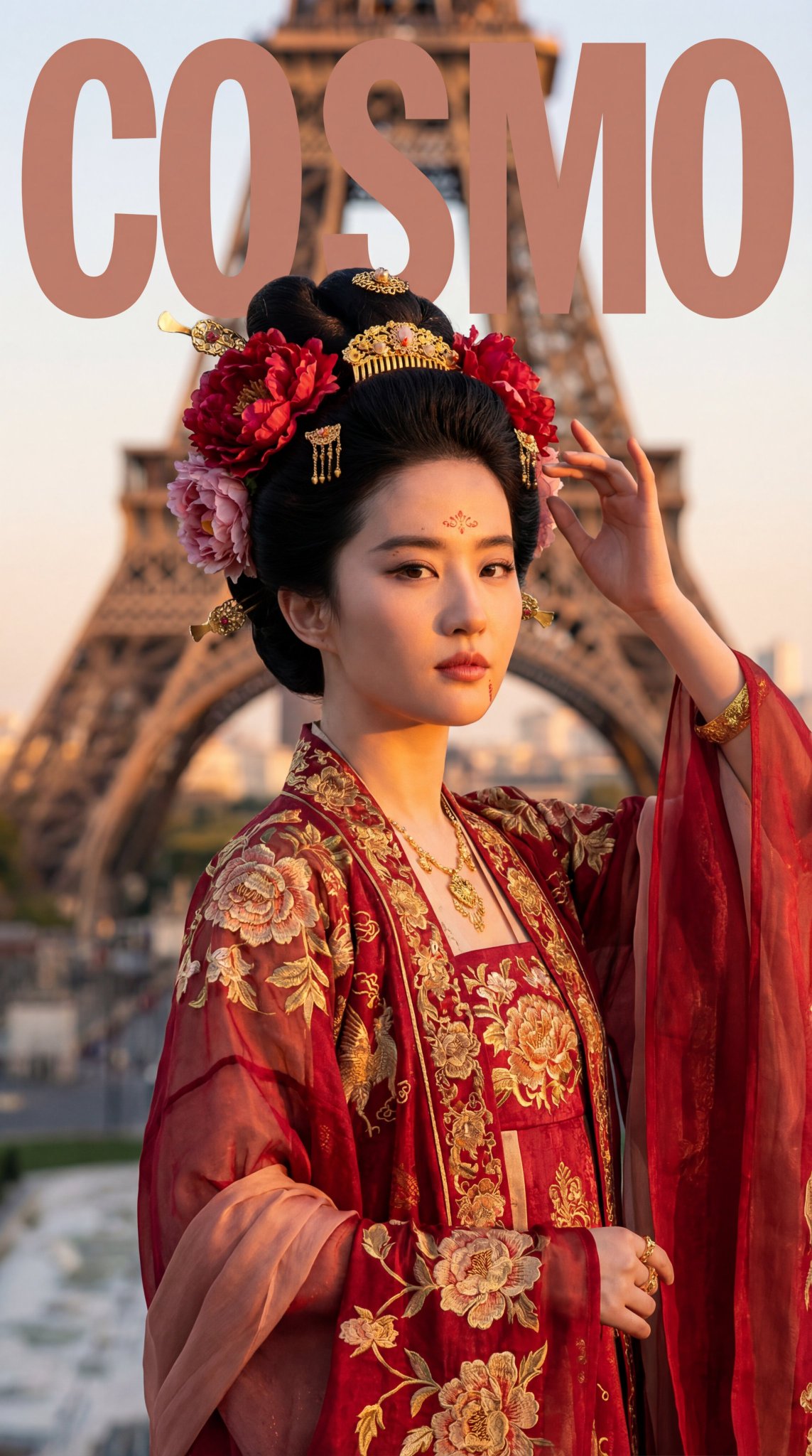 Create a COSMO-level, photorealistic vertical magazine cover featuring a Tang Dynasty (High Tang) imperial consort look photographed beneath the Eiffel Tower, faithfully matching the uploaded face reference.