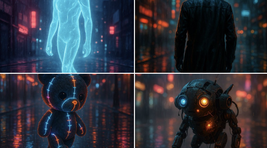 A cinematic neon-night street scene with rain-soaked pavement reflections and a hazy futuristic skyline, following {{SUBJECT}} walking through moody city light.