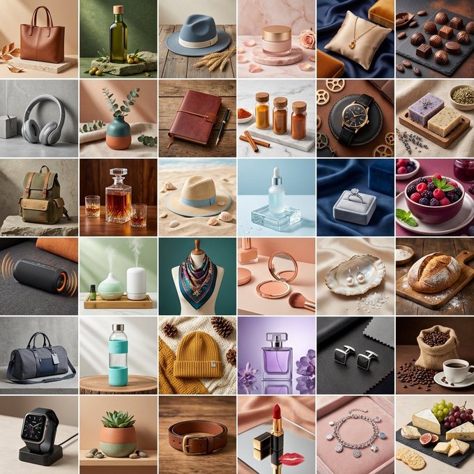 Create a 6x6 grid of professional, high-end commercial product photos where each of the 36 cells features a different product in a distinct studio setup with a unique color palette.