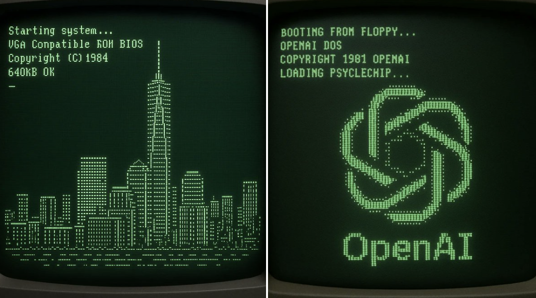 Create a retro CRT computer boot-up screen that gradually resolves into ASCII-art depicting New York City’s tallest building. Designed for an architecture-themed, nostalgic computer aesthetic.