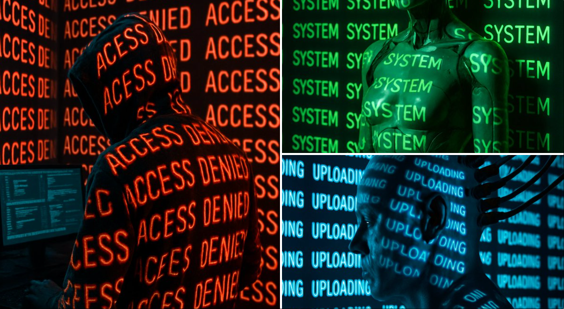 Create a photorealistic portrait in a dark room where a single word is projected in endless repetition across the walls and subject. High-contrast neon color wrapping over contours produces sharp shadows, curved text distortion, and a moody futuristic studio look.