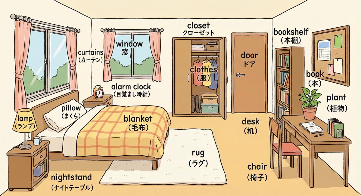 Create a bedroom illustration and label every visible object in both English and Japanese using the format English (Japanese). Ideal for educational or vocabulary-focused room drawings.