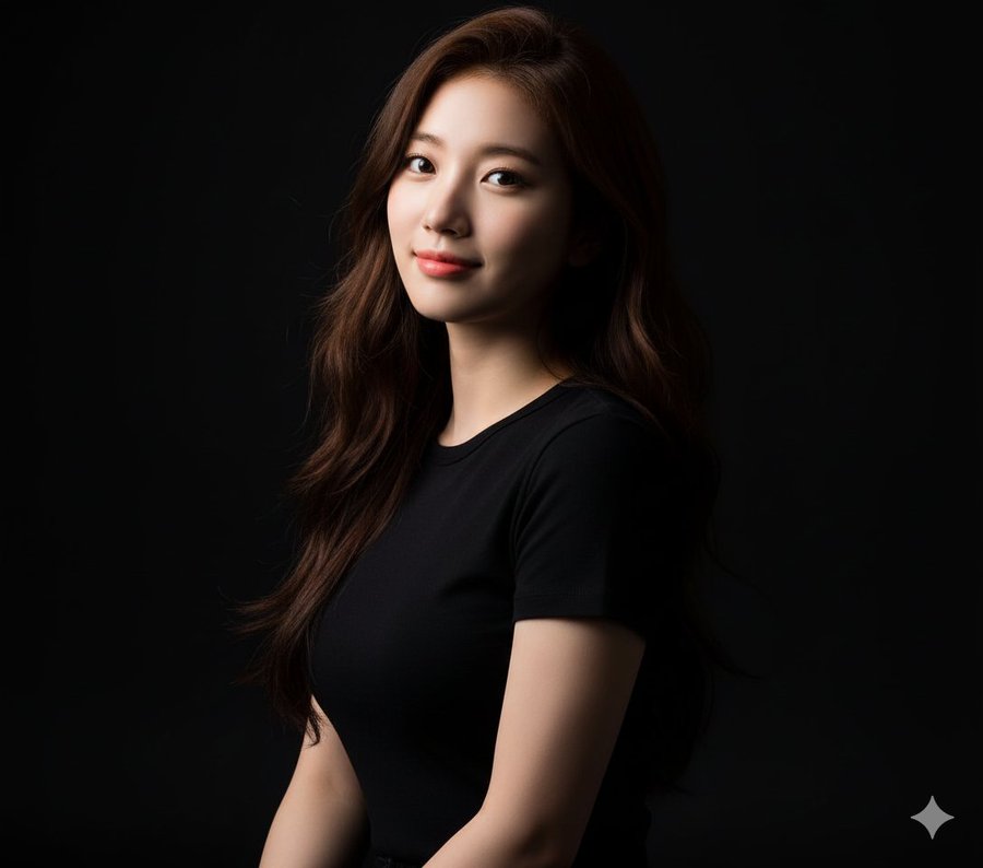 Generate a studio-style portrait of the person in the uploaded image with a black background and black T-shirt, composed as a half-body portrait using side lighting.