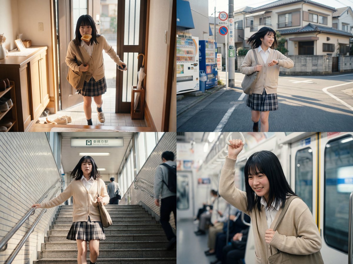 Create a 2x2 four-panel cinematic Japanese slice-of-life morning commute scene featuring the same cute Japanese girl consistently as she hurries from home to the subway and barely makes it in time.