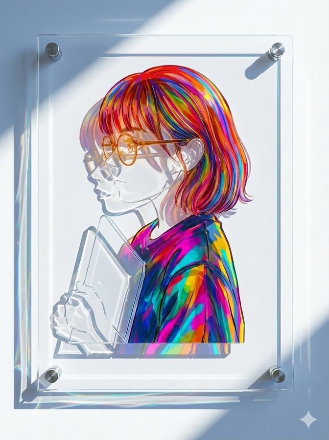 Create a perfectly straight-on product photograph of a physical, multi-layer acrylic wall artwork that precisely preserves the original illustration’s style, linework, and character features. Use ultra-clear and highly translucent tinted acrylic to cast bright, glowing colorful caustics on a white wall.