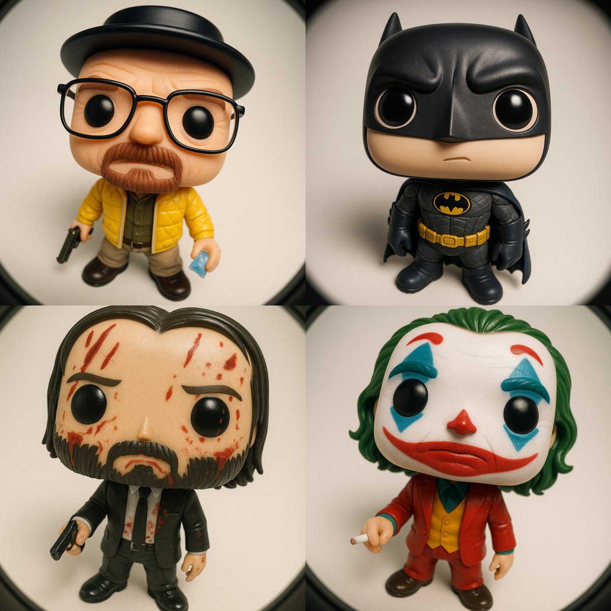 Create a high-resolution 3D render of a Funko Pop–style vinyl figure with a top-down ultra-wide fisheye perspective, soft studio lighting, and a clean neutral background. The figure wears the character’s iconic outfit and accessories with glossy vinyl skin and hair and crisp collectible-toy detail.