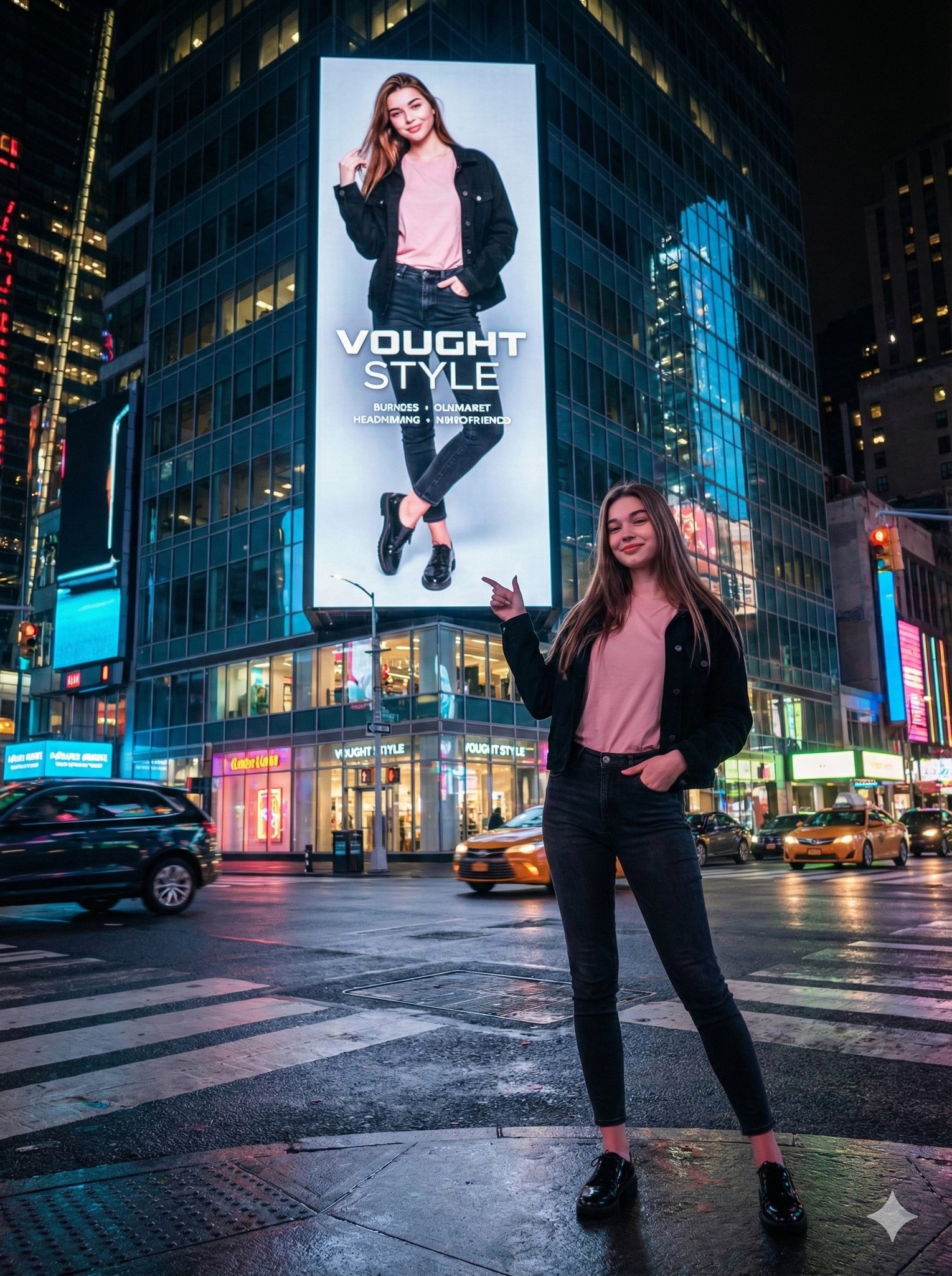 Create a cinematic, photorealistic urban night scene of a stylish young woman on a street corner, pointing to a towering glass building with a giant digital billboard showing her own high-fashion portrait.