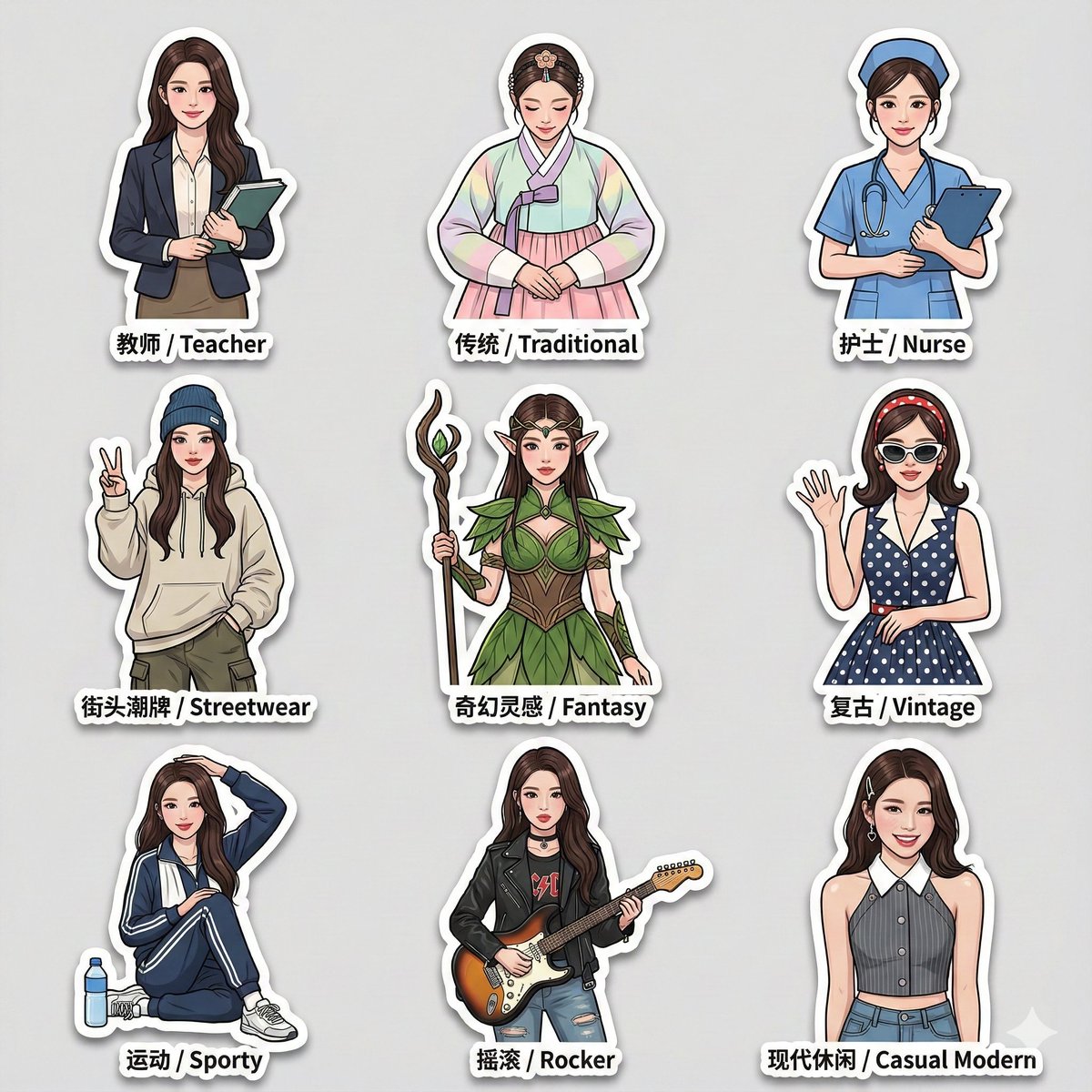 Create a high-resolution 3×3 sticker pack based on an uploaded photo, featuring the same person in multiple outfits and fashion styles. Clean-cut edges, bold outlines, soft shadows, and a glossy sticker paper finish make it ideal for social sharing.