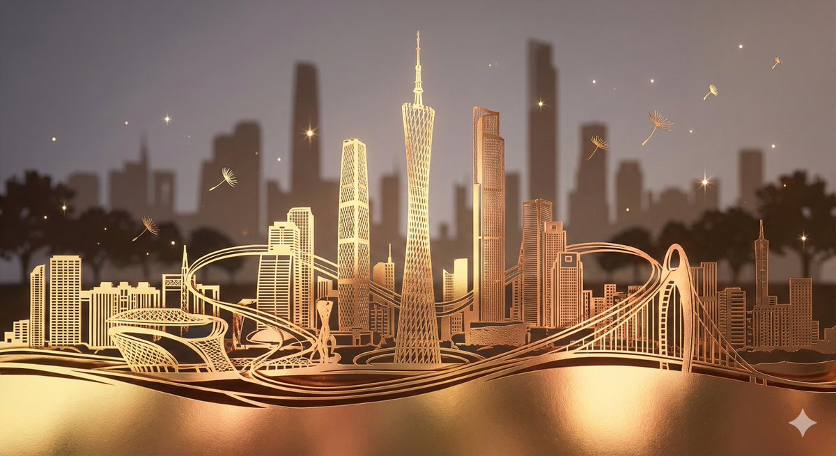A paper-cut inspired 3D cityscape of Guangzhou’s Zhujiang New Town, intricately carved from a single sheet to connect the Canton Tower and twin landmark towers into one continuous urban panorama. Rendered on metallic foil or glossy paper with soft highlights and shadows, with a blurred skyline backdrop and floating dandelion-like or starlit particles in 8K detail.