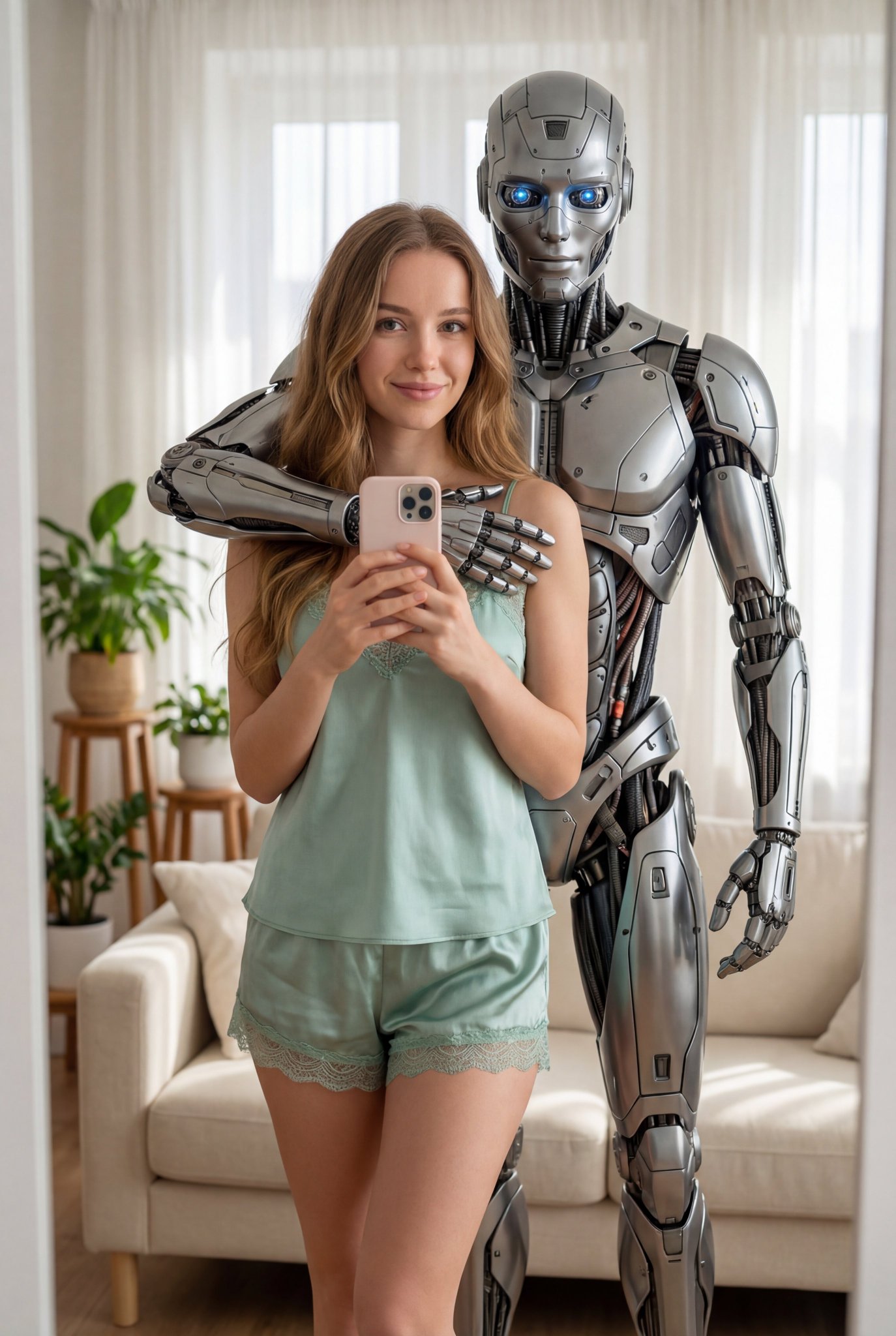 Create a photorealistic, ultra-detailed 8K living-room selfie using your uploaded photo as the main subject, paired with an affectionate, athletic humanoid robot in a bright, cozy apartment setting.