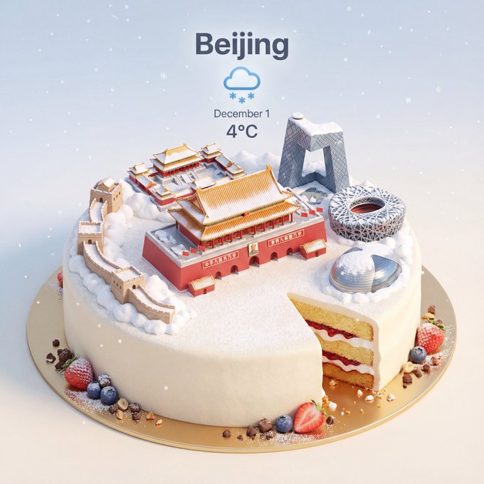 A clean, minimalist 45° isometric scene of a miniature cartoon city built on top of a complete round cream cake, centered on a prominent core landmark and enhanced by weather-as-dessert effects.