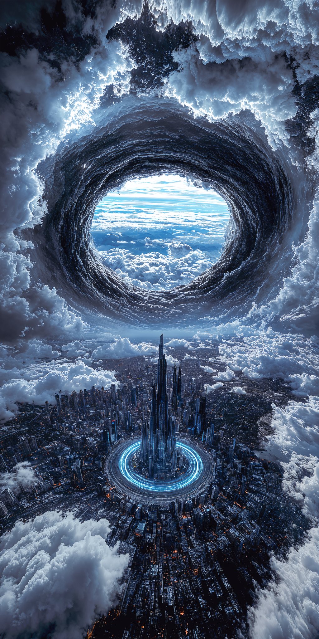 A colossal spiral vortex rips through storm clouds above a glowing futuristic city, opening to clear blue sky beyond. The scene serves as a visual metaphor for artificial general intelligence pushing past current limitations into a realm of clarity beyond human comprehension.