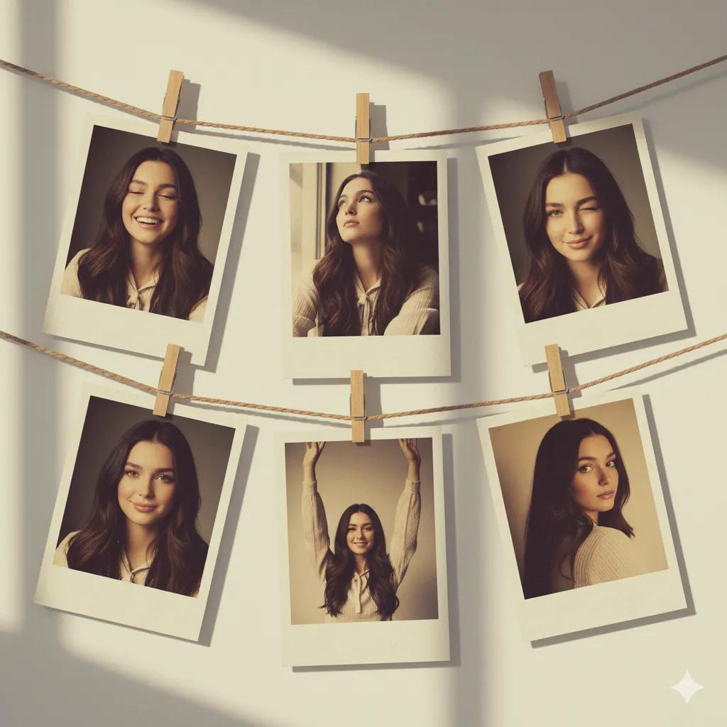 Create an art-retro collage of six faded Polaroid-style photos clipped to a decorative rope against a soft pastel wall, capturing cozy, nostalgic behind-the-scenes energy.
