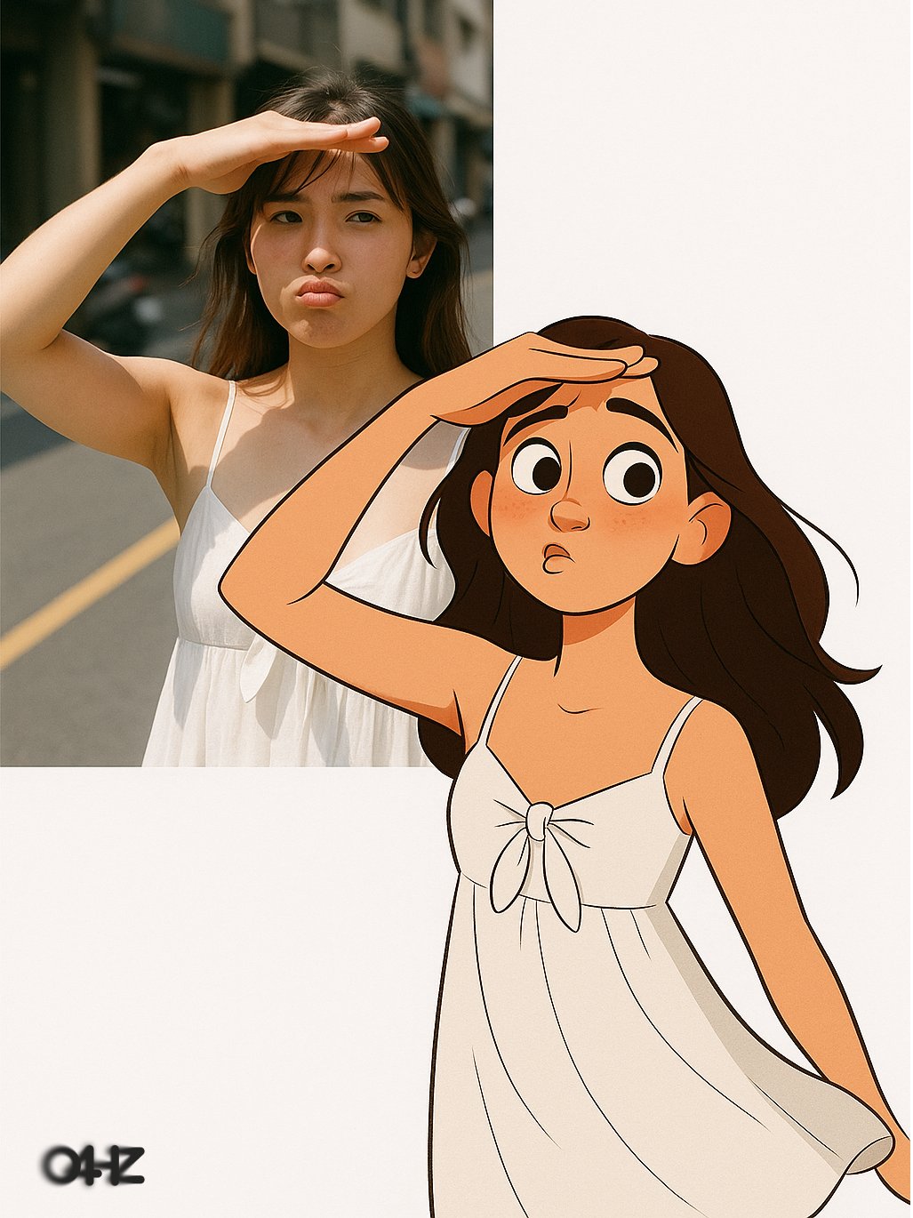 Create a vertical collage that juxtaposes the same person as a street photo and a Disney/CalArts-style cartoon illustration, using pure white negative space to emphasize medium contrast. Designed for poster/social media use with room for text or a logo.