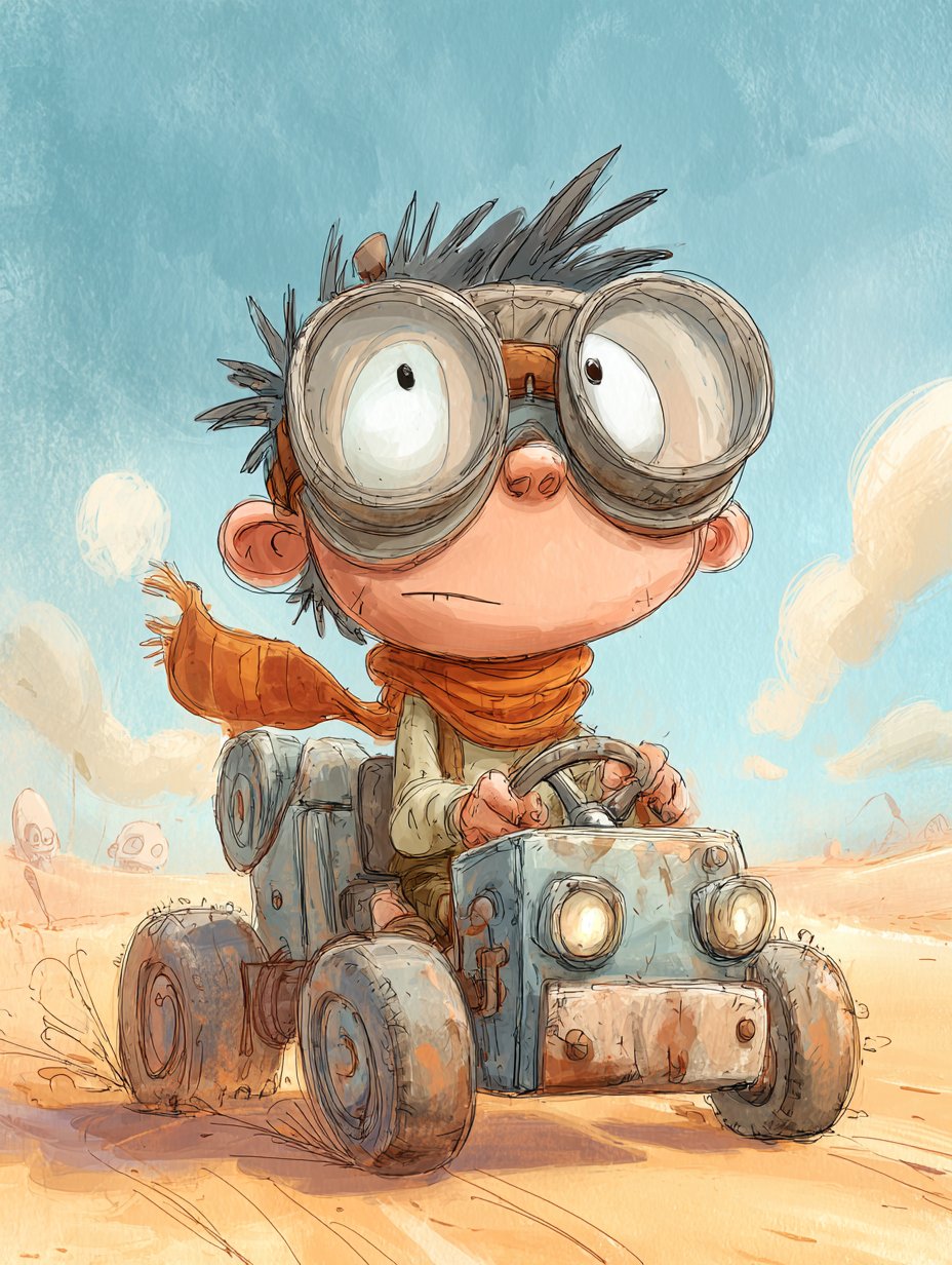 A young cartoon boy with big goggles and a scarf drives a tiny makeshift vehicle across a desert, blending a cute post-apocalyptic atmosphere with an emotional, adventurous tone in an indie animation style.