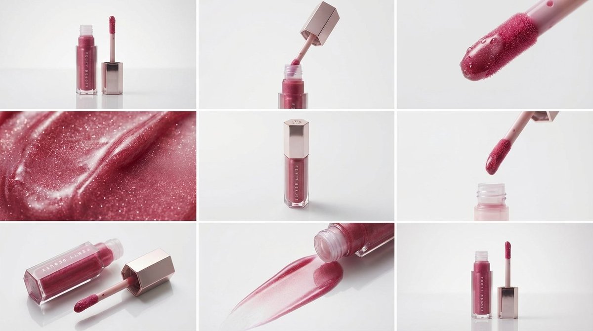 Create a high-end, editorial, photoreal 3×3 storyboard contact sheet for beauty e-commerce advertising featuring only the specified main and secondary products. Outputs a single evenly spaced 3×3 grid with defined background, lighting, and panel details.