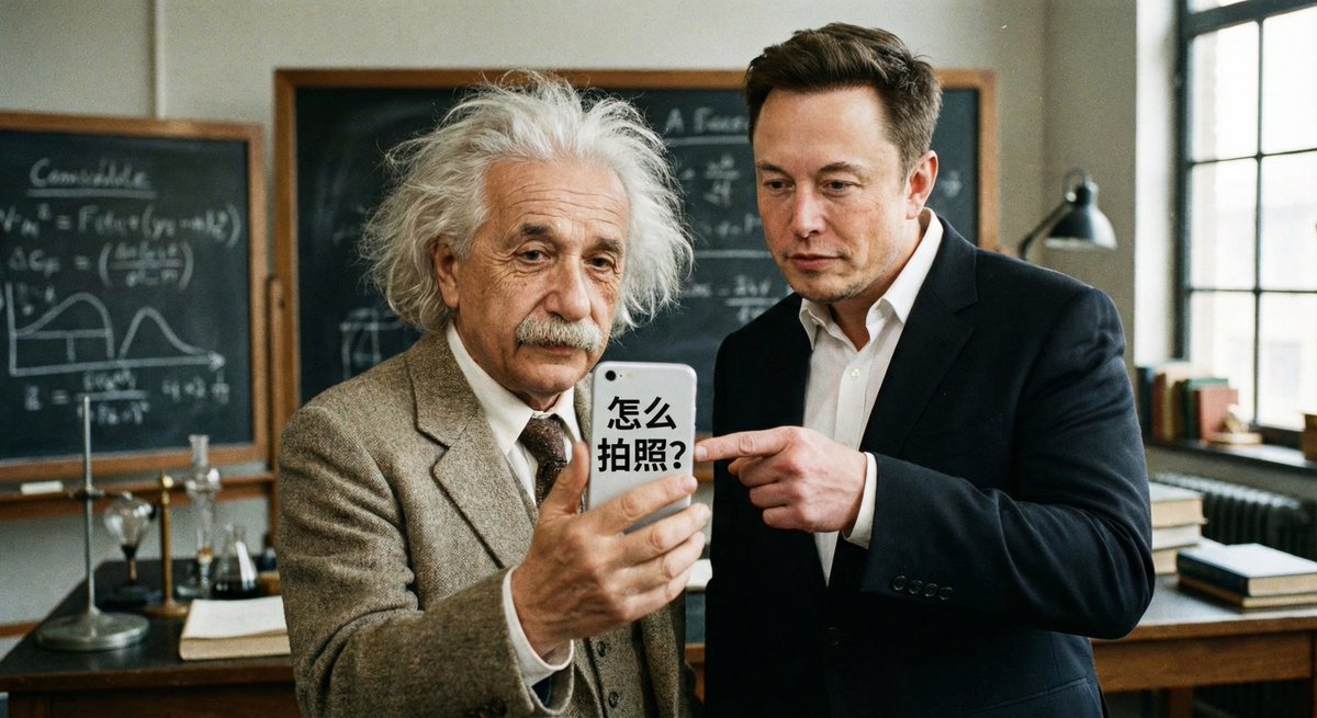 A humorous scene where a bewildered, messy-haired Einstein tries to take a selfie while Elon Musk patiently shows him what to do on a smartphone. The phone screen reads: “How to take a photo?”