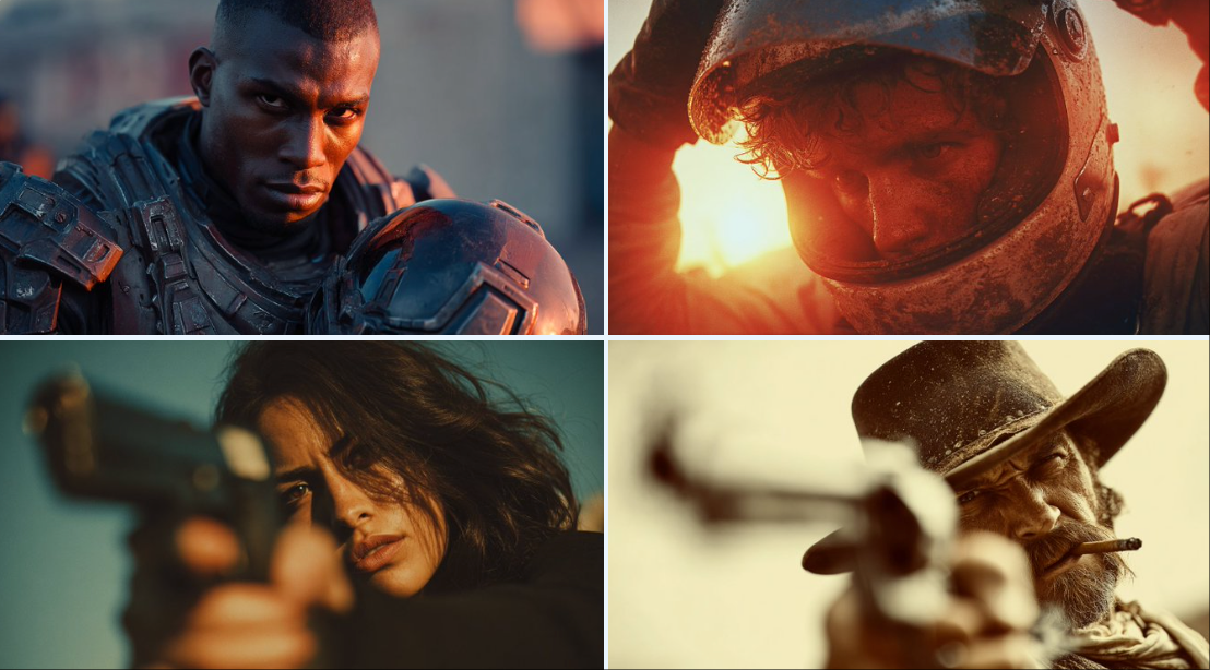 Create a cinematic close-up character shot with a wide-angle lens, 35mm film grain, and f2.0 bokeh. Customize camera angle, lighting type, and color palette while keeping a shallow depth of field.