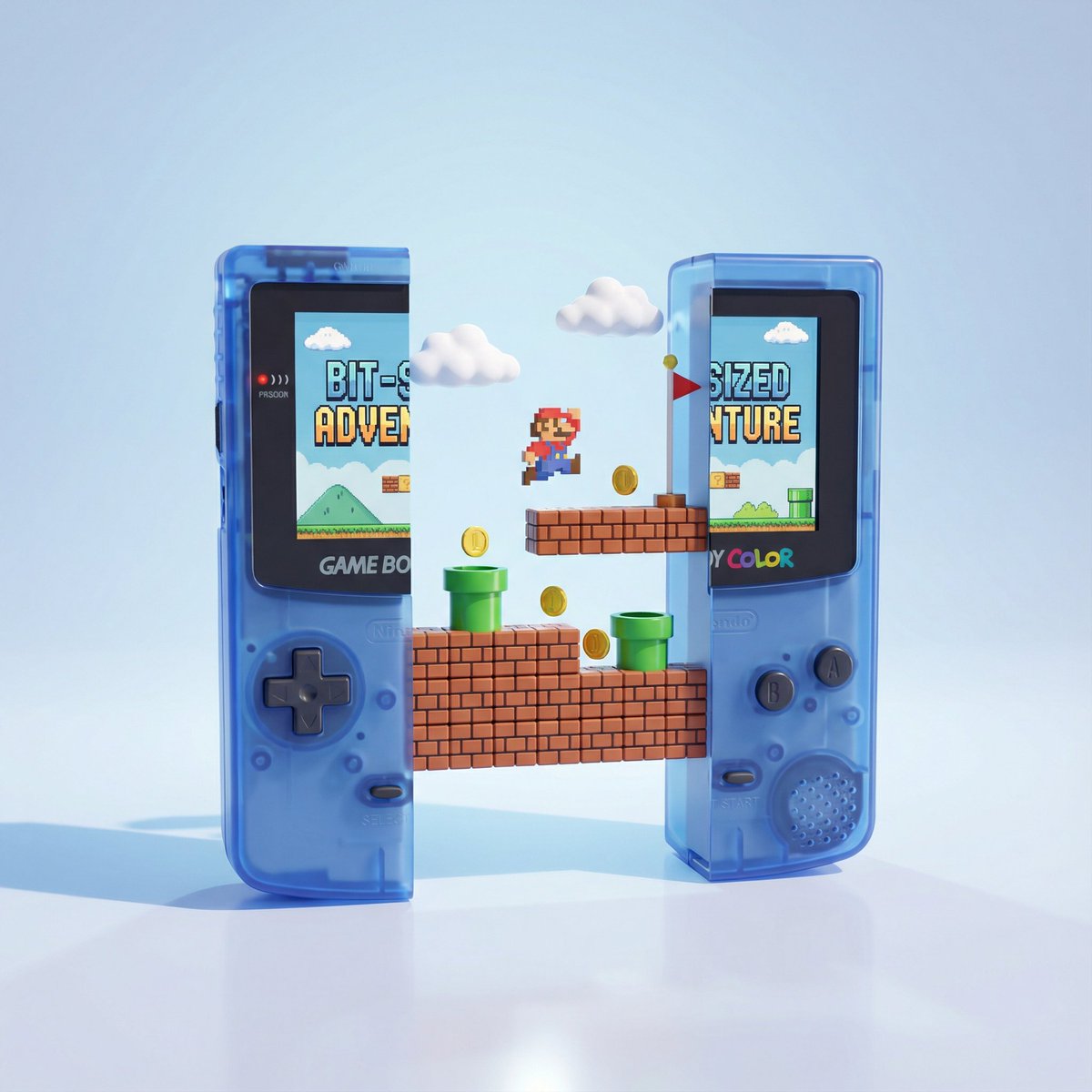 A polished 3D studio render of a classic handheld game console split into two upright halves on a reflective surface, revealing a layered floating platform-game diorama between them. Pastel blue backdrop, soft shadows, and vibrant retro details in a minimal, centered composition.