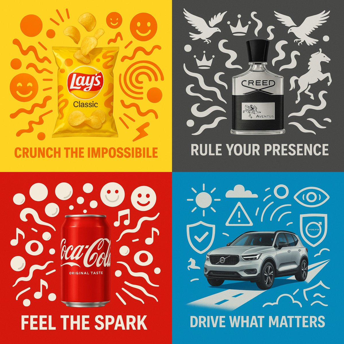 Create a high-resolution, cinematic 1:1 product advertisement where a photorealistic {{PRODUCT_NAME}} sits centered, surrounded by energetic surreal vector shapes in exactly two bold colors that match the product’s mood. Include the real logo clearly and a short 3–4 word slogan at the bottom.