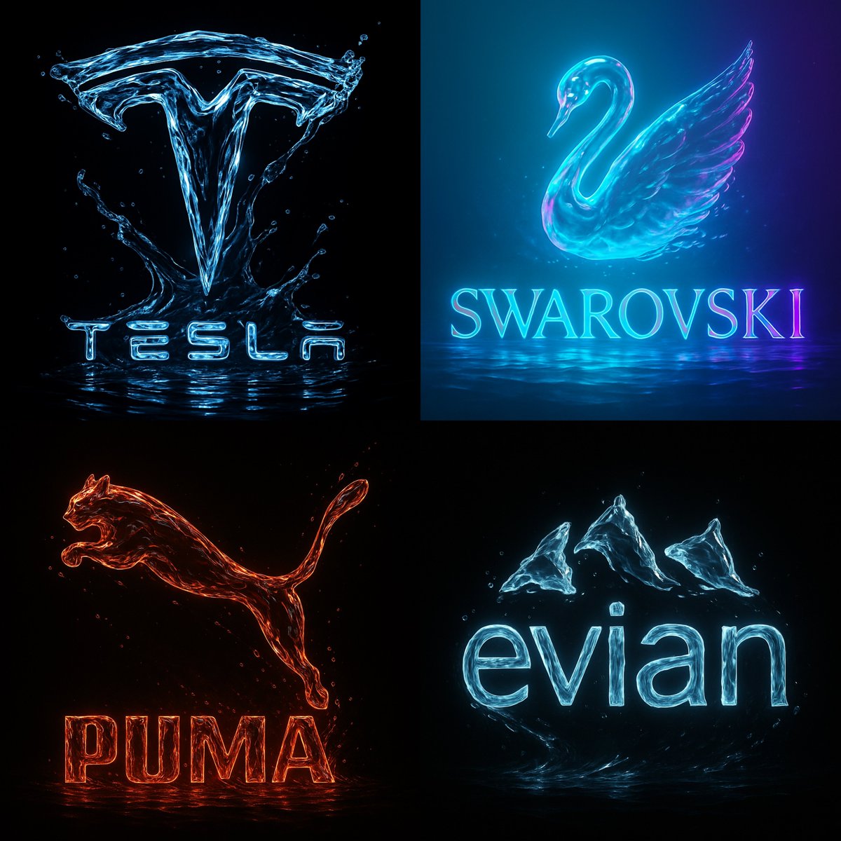 Create an ultra-high resolution 8K cinematic logo render sculpted entirely from flowing crystal-clear water, accented with vibrant neon highlights on a pitch-black background. Designed for dramatic contrast, reflections, droplets, and a luxurious futuristic poster look in 1:1 format.