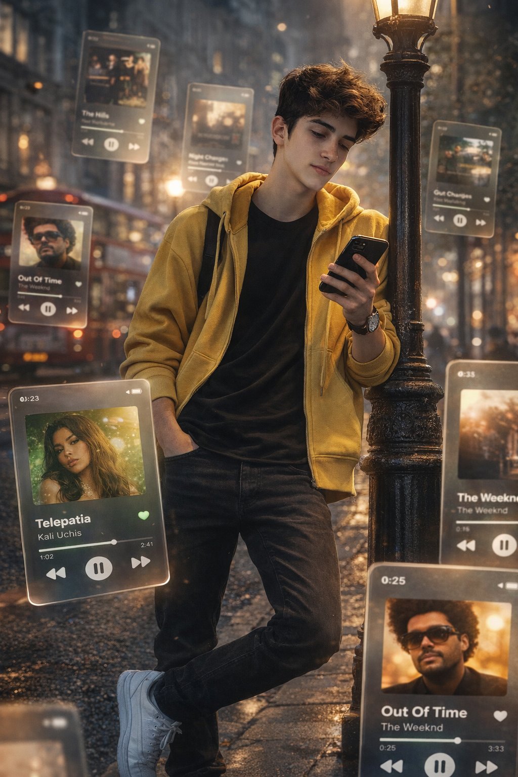 Create a dreamlike, movie-quality augmented reality portrait with multiple frosted-glass Spotify/Apple Music player cards orbiting around the subject on a realistic London street, captured in a 9:16 HD composition.