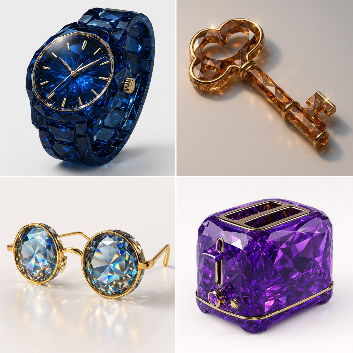 Apply a photorealistic 3D gemstone rendering look to an uploaded image, featuring precision-cut facets, high-clarity refraction, and luxury metallic accents on a clean studio background.