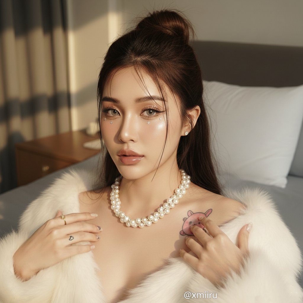 Edit a portrait photo while preserving the subject’s face, featuring bright golden morning sunlight with strong directional shadows, detailed dark-brown hair styling, and reflective silver glitter eyeshadow.