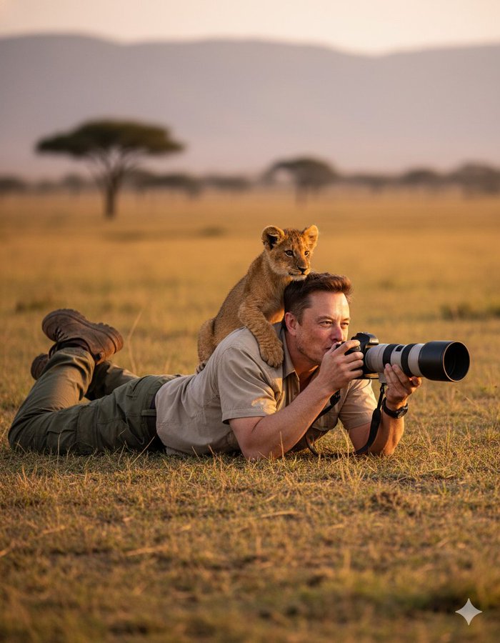 Create an ultra-realistic safari wildlife photography scene featuring a man in professional outdoor gear lying in the grass with a DSLR and telephoto lens, with a playful lion cub on his shoulder at golden hour on the African savannah. Designed to keep the uploaded reference face 100% accurate with cinematic depth of field and vibrant 8K detail.