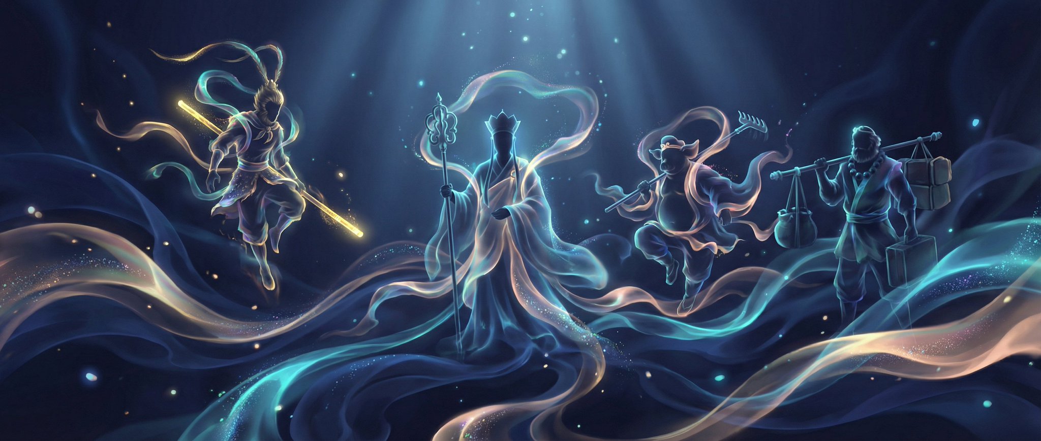 A wide panoramic abstract Chinese fantasy artwork featuring the Journey to the West master and disciples as glowing silhouettes formed from flowing ribbons of light, smoke, and iridescent particles. Deep indigo tones, bioluminescent volumetric lighting, and 8K-level texture detail create a dreamy, mystical atmosphere.