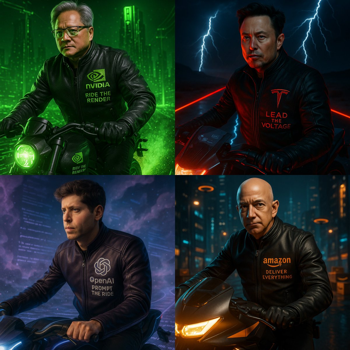 A cinematic 1:1 scene of an iconic brand leader riding a futuristic electric motorcycle that reflects the brand’s identity, wearing a high-detail carbon fiber leather jacket with a bold embroidered logo.