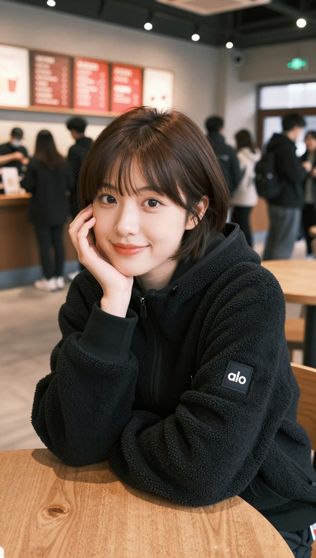 Create an ultra-photorealistic vertical lifestyle photo of a cute short-haired Asian woman leaning on a light wooden round table in a busy modern coffee shop. The scene uses warm indoor top lighting, shallow depth of field, and includes a clear black square "alo" logo patch on the left upper sleeve.