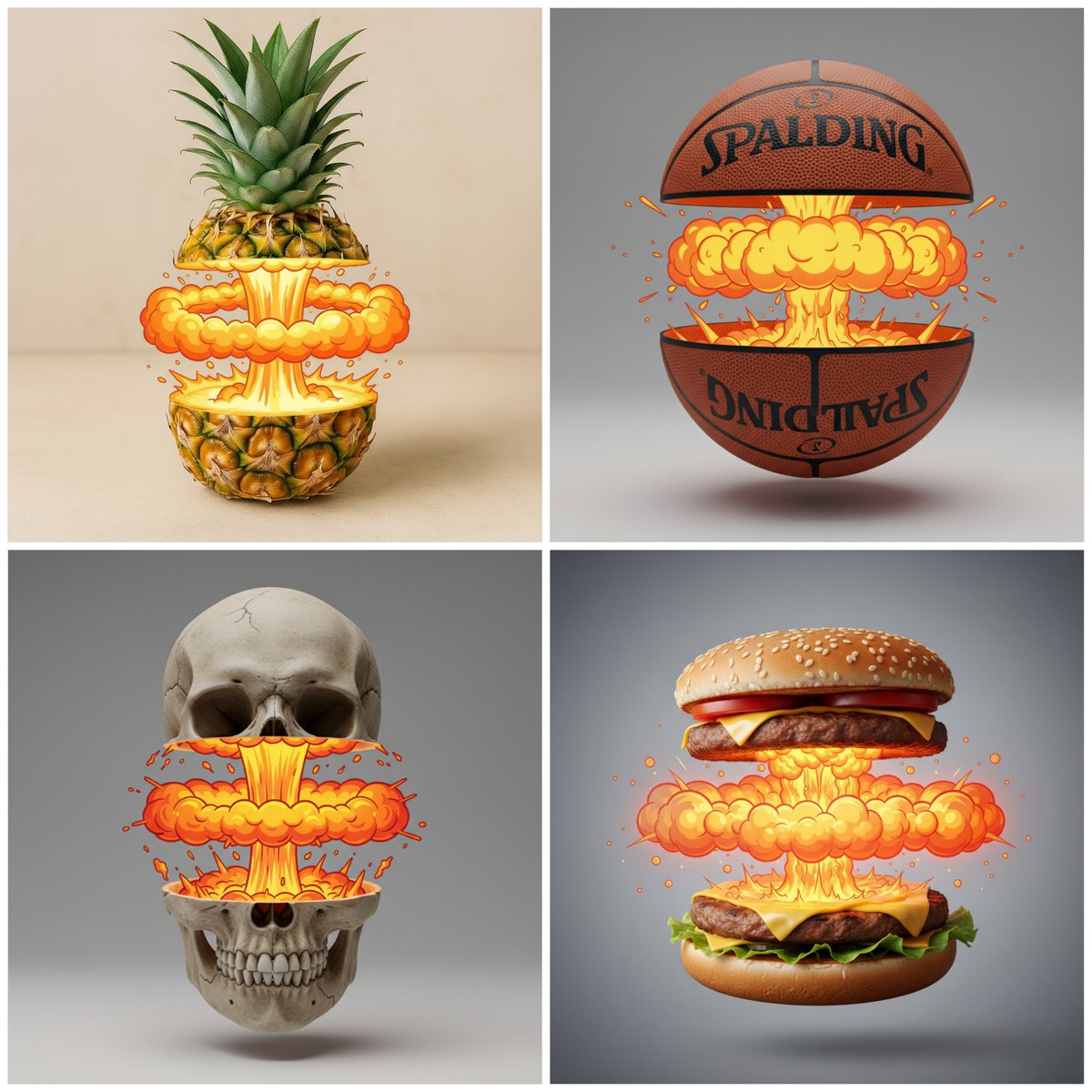 Cleanly slice a photoreal object in half to reveal a playful, stylized cartoon nuclear explosion between the floating halves. Centered studio lighting emphasizes the contrast between realistic exterior texture and graphic inner energy effect.