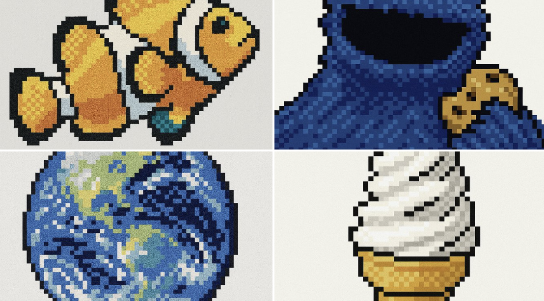 Retexture the uploaded image into retro pixel-art UI icons with a low-resolution 32x32 or 48x48 look, limited palette, and 1px black outlines. Use dithering for shading and flat top-left lighting on a plain light-gray background.