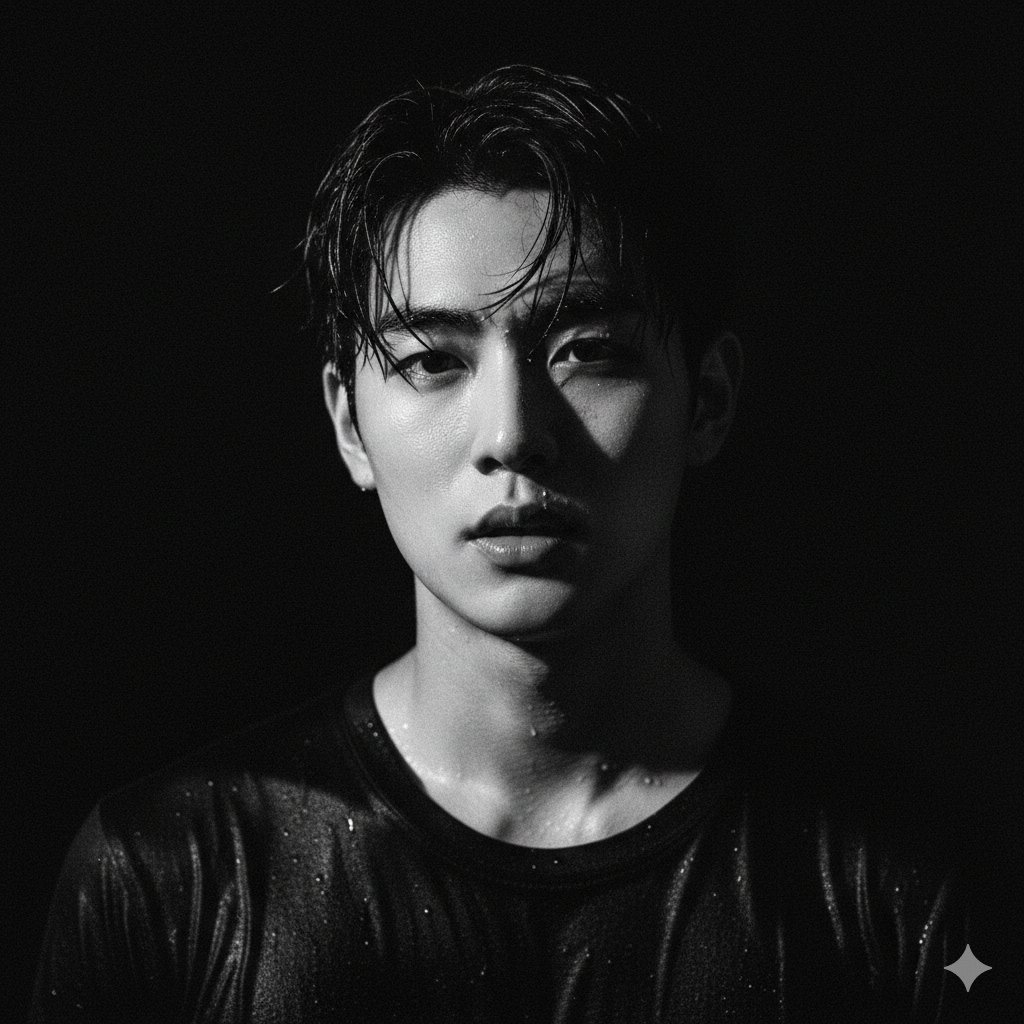 A high-tension black-and-white close-up portrait of a handsome young East Asian man with wet, messy hair and water droplets highlighted by strong side light. Minimal dark background, deep shadows, and heavy film grain create a mysterious, cinematic mood.