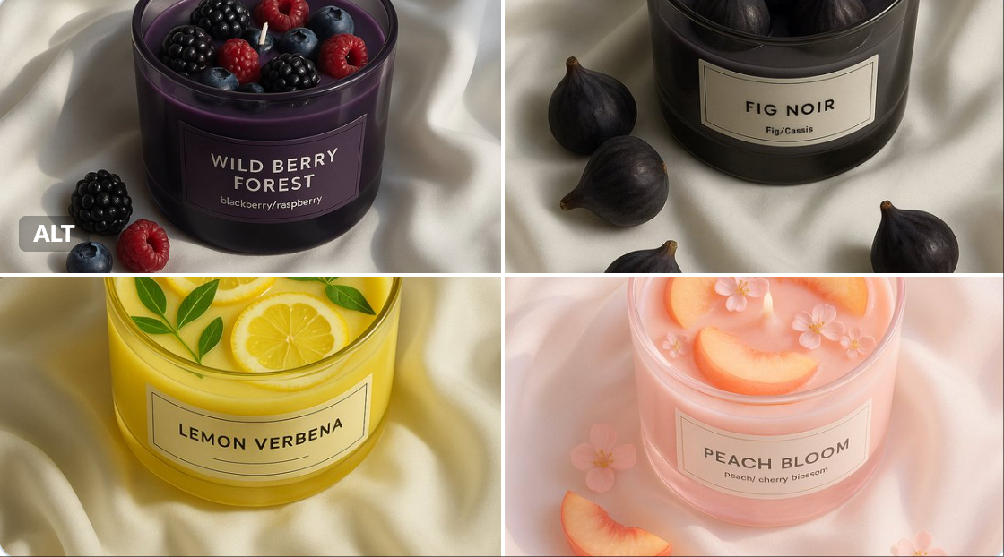 A minimalist, hyperreal still-life product scene of a round glass candle filled with fruit on elegant white silk, softly lit by natural daylight. The candle features a custom scent label, glass color, and wax color matched to the fruit.