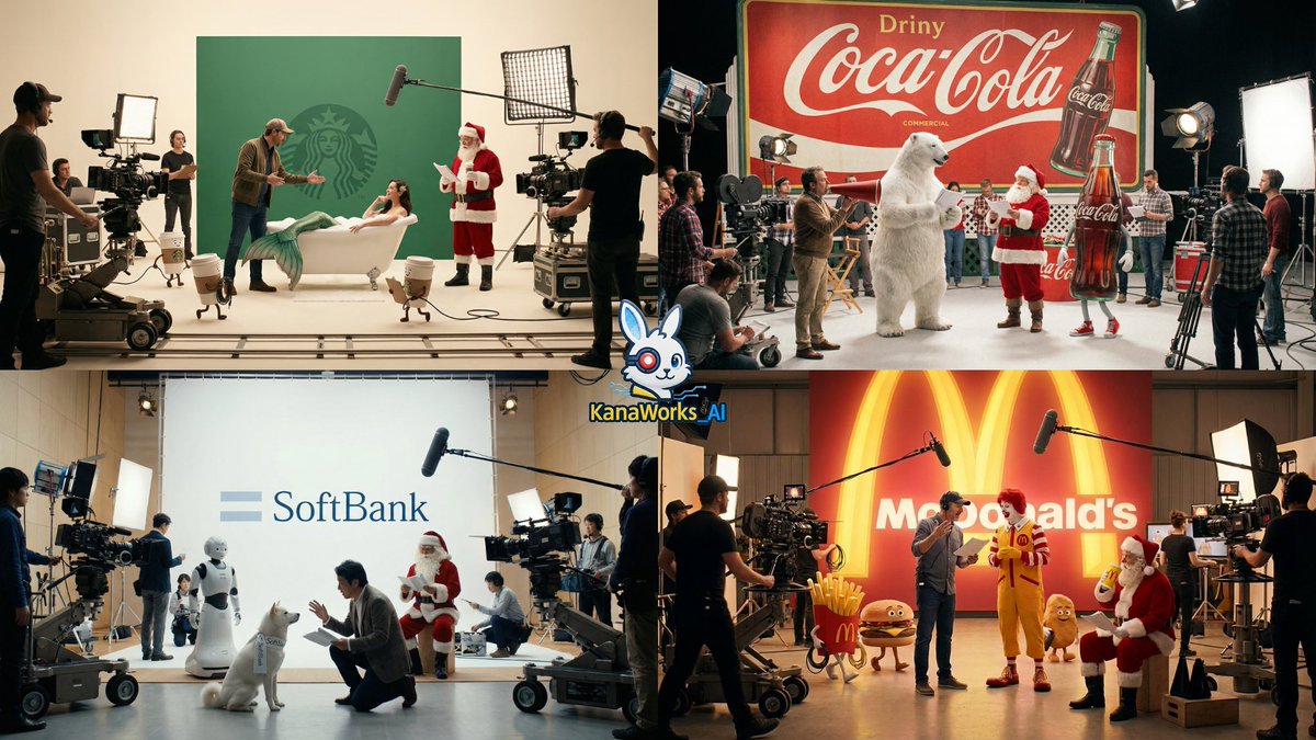 A busy, well-organized commercial film set featuring a festive red backdrop, a director briefing an anthropomorphic polar bear, and Santa rehearsing nearby amid full camera and lighting gear.