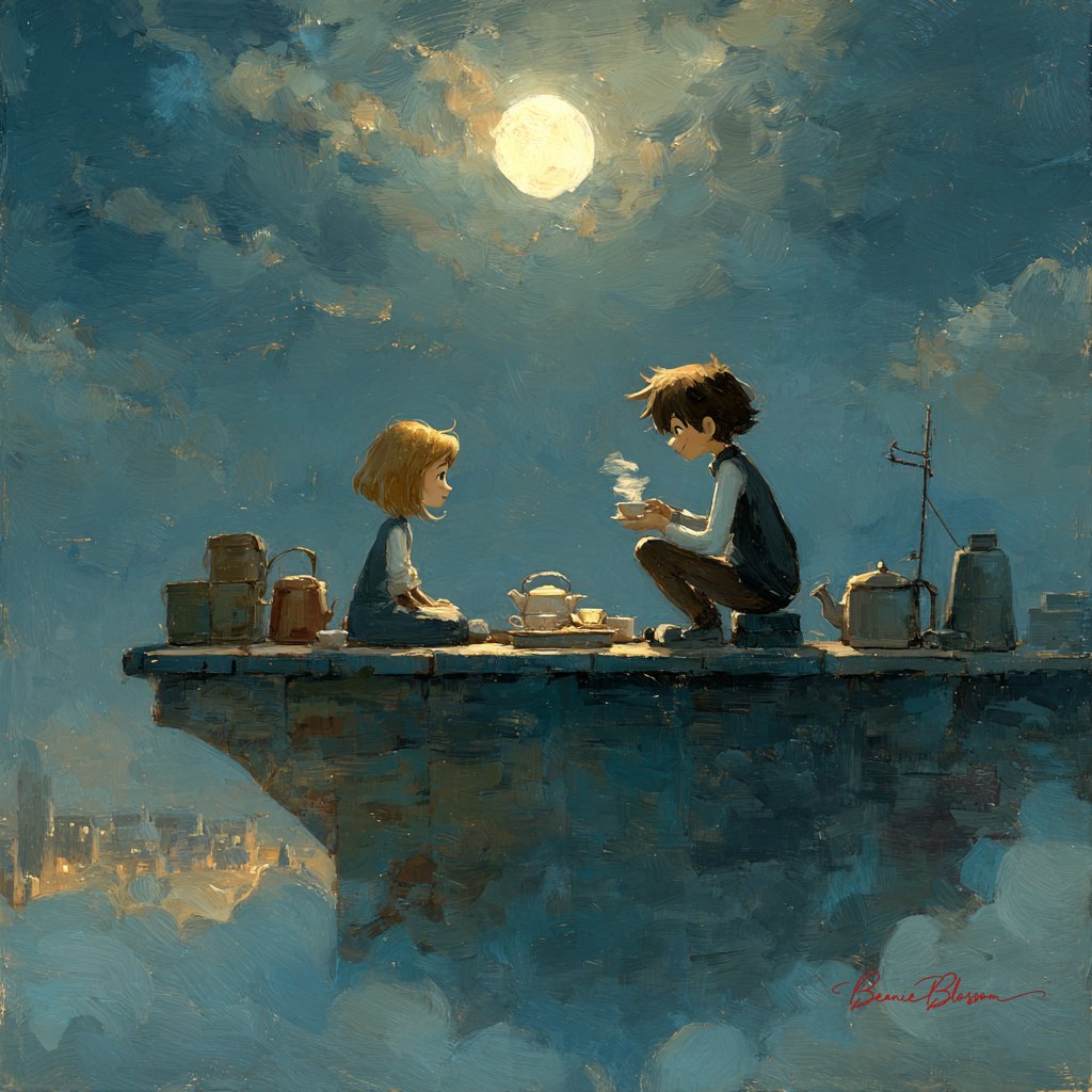 Create a dreamy, gentle, painterly rooftop tea party scene under moonlight, featuring a girl and a boy in a calm, intimate atmosphere.