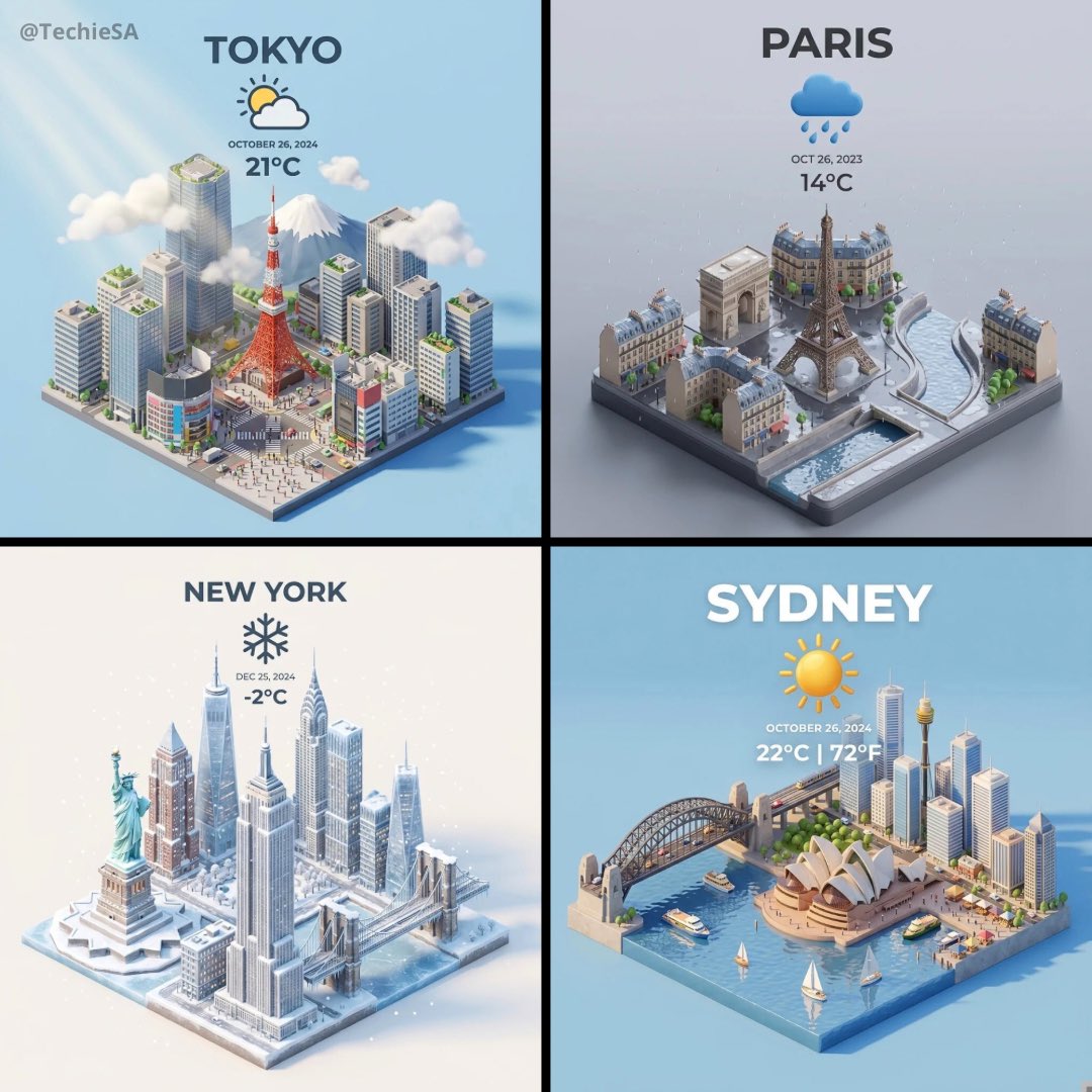 Create a clean 45° top-down isometric miniature 3D cartoon city scene with iconic landmarks, realistic PBR materials, and gentle lighting, integrating the current weather into the environment. Includes centered title, weather icon, date, and temperature on a minimal solid-color background in a 1080×1080 square format.
