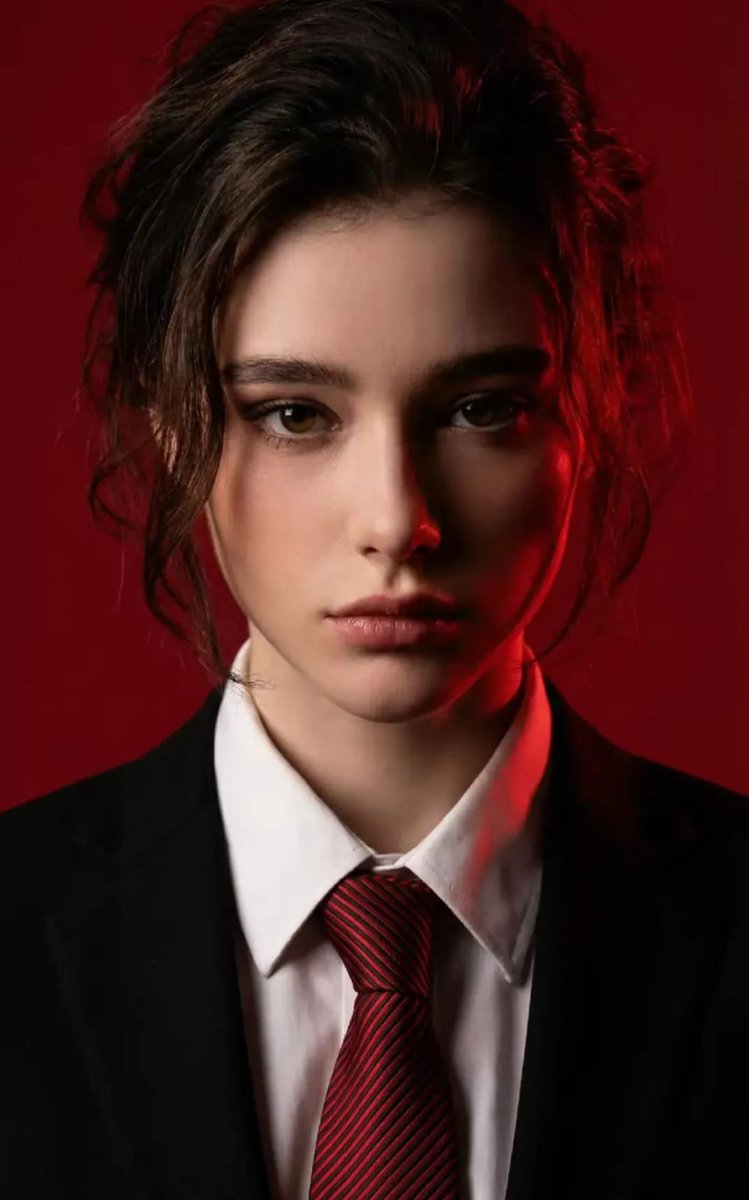 Generate an ultra-realistic 8K portrait of a woman standing against a deep red backdrop with dramatic red-and-black cinematic lighting. Preserve sharp facial features and the original head pose while highlighting confident, intense expression and tailored styling.