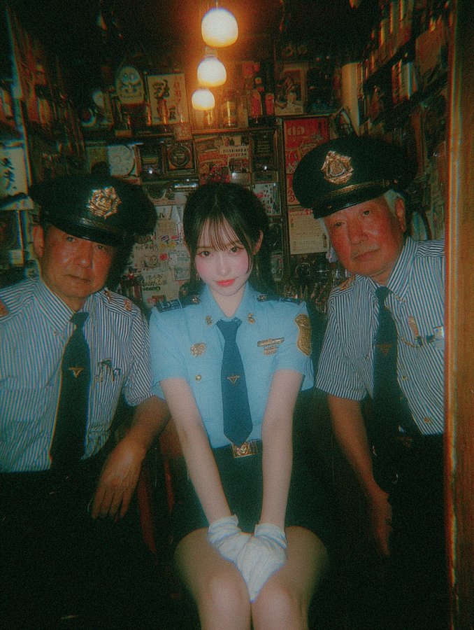 An intimate 35mm-style vertical portrait of a young Japanese policewoman seated in a cramped bar booth, flanked by two older policemen under warm incandescent light. Low-saturation color, fine film grain, and a candid 1980s analog snapshot aesthetic evoke Japanese street photography.