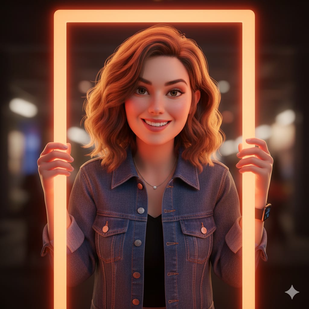A hyper-realistic 3D digital illustration of a smiling woman leaning through a glowing orange rectangular frame in a cinematic Pixar-inspired look. Soft, vibrant lighting highlights realistic facial depth, fabric texture, and warm glow reflections against a softly blurred background.