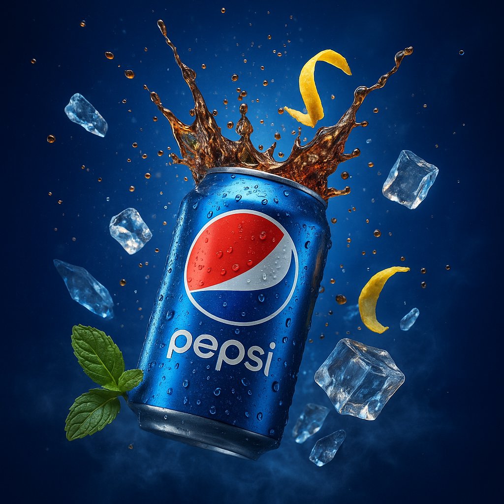 A premium, hyper-realistic 3D beverage advertisement featuring a Pepsi can bursting open with carbonated cola, ice, bubbles, mint, and lemon zest against a cinematic electric-blue background. Rendered in 4K UHD with global illumination, HDR lighting, volumetric effects, and realistic condensation details.