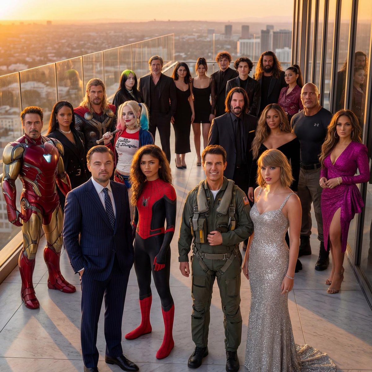 Create a hyper-realistic, ultra-sharp large-format editorial-style group portrait of celebrities from different eras on a luxurious open-air rooftop terrace at sunset, overlooking a modern city skyline. Emphasizes impeccable lighting, accurate skin tones, crisp fabric micro-detail, HDR color grading, and a slightly wide-angle cinematic composition.