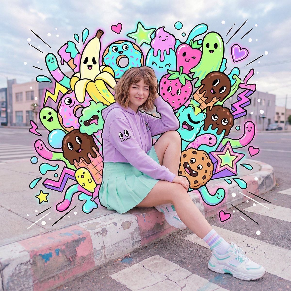 A pastel urban street photo of a playful young woman, overwhelmed by dense maximalist neon sweets-monster pop-art layers with thick black outlines. The background is packed with overlapping candy creatures, graphic shapes, and glowing energy effects while keeping her skin photorealistic.