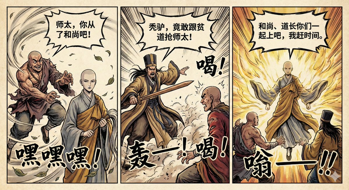 Create a three-panel Hong Kong wuxia-style comic featuring a humorous confrontation between a monk, a Taoist priest, and an abbess, told entirely through their dialogue.