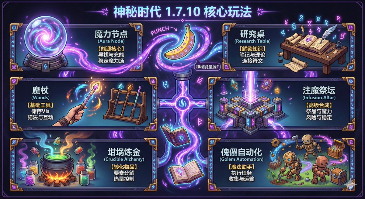 A one-page, punchy Chinese info-card design showcasing the core gameplay systems of Minecraft Thaumcraft 1.7.10 with modular layout, strong typography, and arcane fantasy illustration.