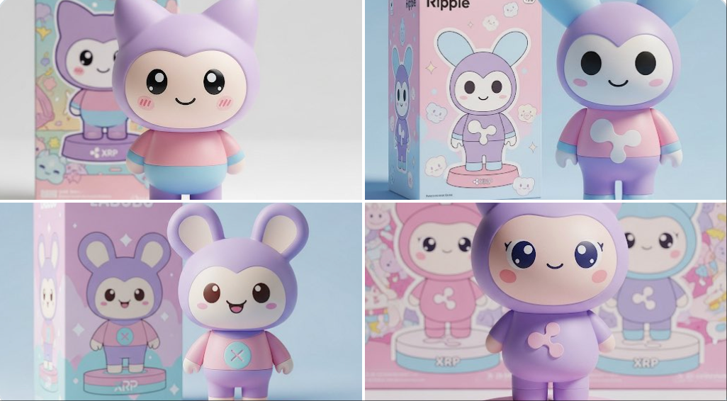 Create a cute pastel vinyl figure in kawaii style with big round eyes, a friendly smile, and a stylized “RIP” detail, photographed as a minimal-shadow studio product shot. Includes matching toy packaging with themed art in the background.